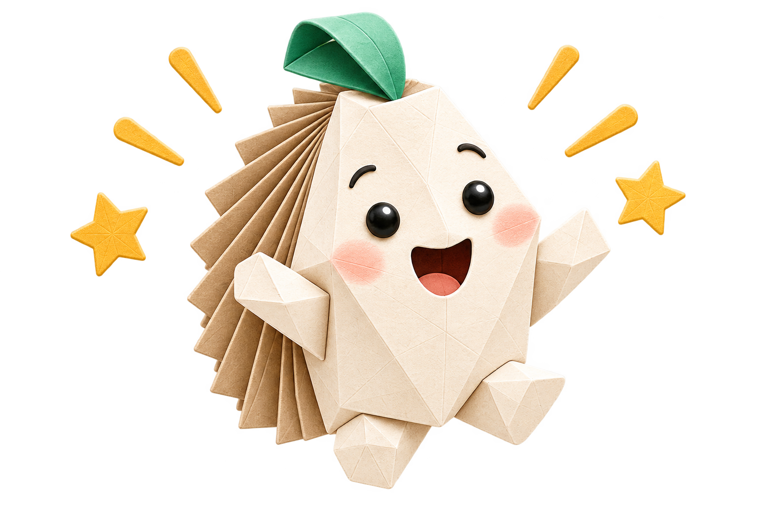 The paper hedgehog jumps with excitement beside little golden stars.