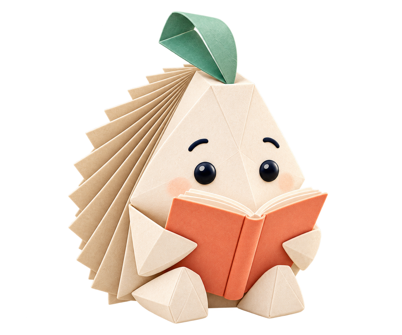 A paper-craft hedgehog quietly reading an apricot-colored book.